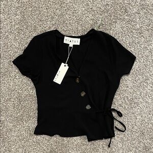 Black Wrap Tie Front Short Sleeve Blouse